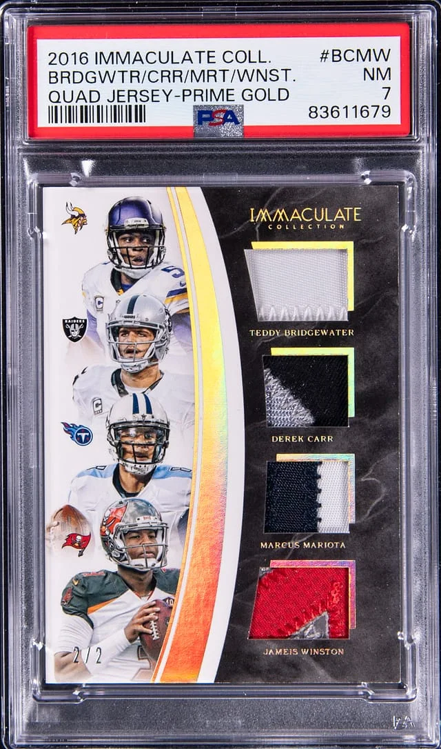 2016 Panini Immaculate Collection Bridgewater/Carr/Mariota/Winston Quad Jersey Prime Gold #BCMW card image