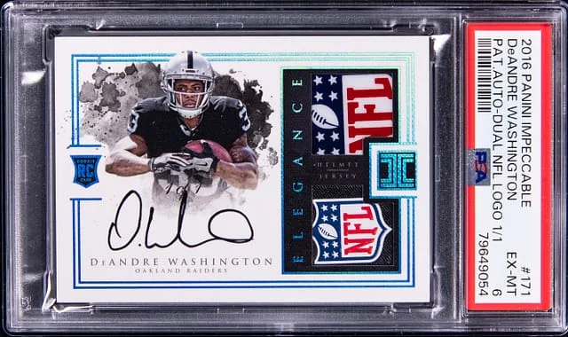 2016 Panini Impeccable DeAndre Washington Patch Autograph Dual NFL Logo #171 card image