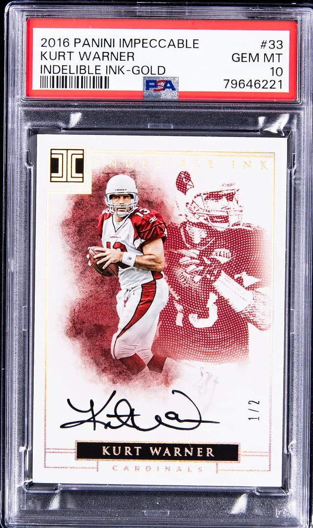 2016 Panini Impeccable Kurt Warner Indelible Ink Gold #33 card image