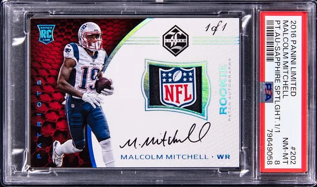 2016 Panini Malcom Mitchell Limited Patch Autograph Sapphire Spotlight #202 card image