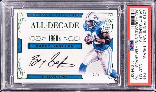 2016 Panini National Treasures Barry Sanders All Decade Signature Emerald #41 card image