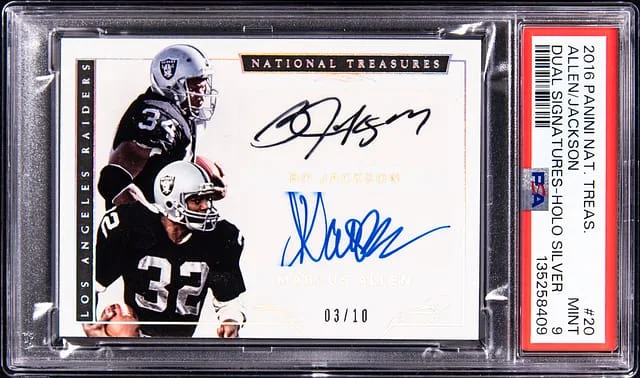 2016 Panini National Treasures Bo Jackson/Marcus Allen Dual Signatures-Holo Silver #20 card image