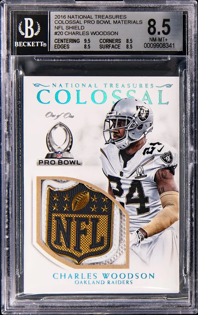 2016 Panini National Treasures Charles Woodson Colossal Pro Bowl Materials NFL Shield #20 card image