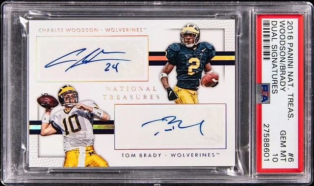 2016 Panini National Treasures Charles Woodson/Tom Brady Dual Signatures #6 card image