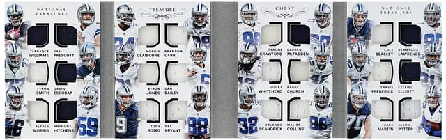 2016 Panini National Treasures Dallas Cowboys Team Patch Booklet Card (24 Players) - Featuring Dak Prescott, Tony Romo, Dez Bryant Treasure Chest #1 card image