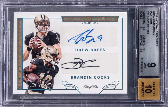 2016 Panini National Treasures Drew Brees/Brandin Cooks Dual Signatures Platinum #14 card image