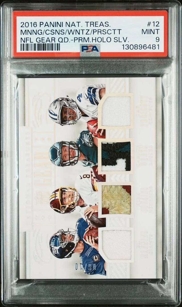 2016 Panini National Treasures Eli Manning/Kirk Cousins/Carson Wentz/Dak Prescott NFL Gear Quads #12 card image