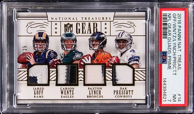 2016 Panini National Treasures Jared Goff, Carson Wentz, Paxton Lynch, Dak Prescott NFL Gear Quads Prime #14 card image