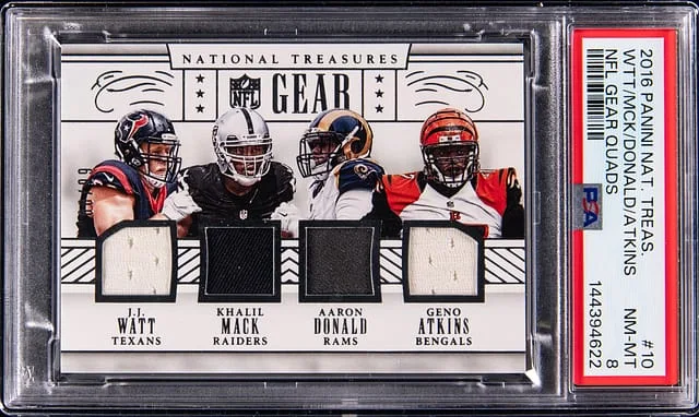 2016 Panini National Treasures J.J. Watt, Khalil Mack, Aaron Donald, Geno Atkins NFL Gear Quads #10 card image