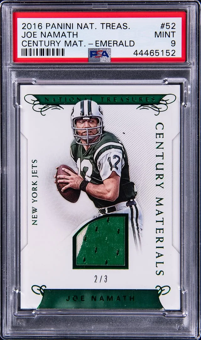 2016 Panini National Treasures Joe Namath Century Material Emerald #52 card image