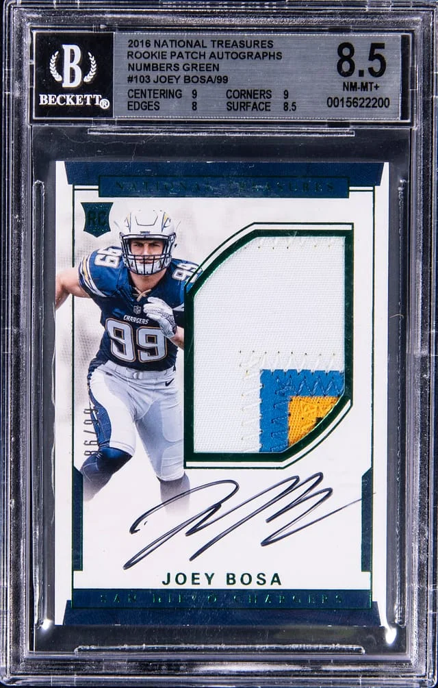 2016 Panini National Treasures Joey Bosa Patch Autograph Numbers Green #103 card image