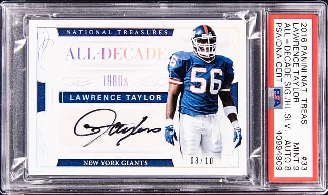 2016 Panini National Treasures Lawrence Taylor All Decade Signature Holo Silver #33 card image