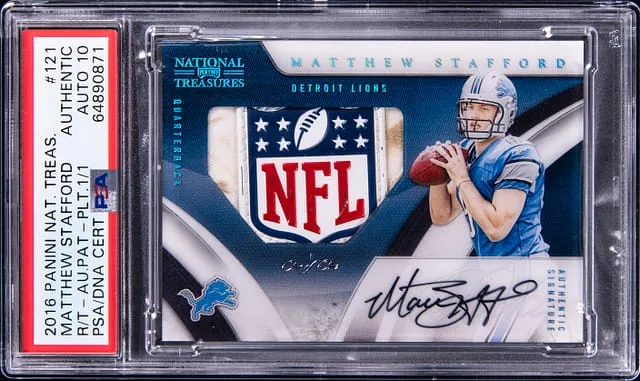 2016 Panini National Treasures Matthew Stafford Retro Treasures Autograph Patch Platinum #121 card image