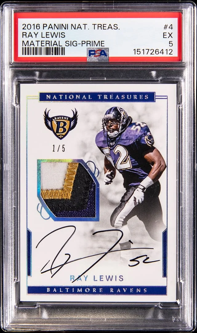 2016 Panini National Treasures Ray Lewis Material Signature Prime #4 card image