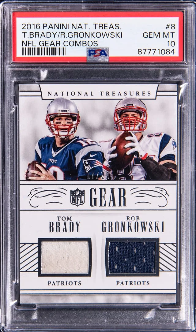 2016 Panini National Treasures Tom Brady/Rob Gronkowski Game-Used NFL Gear Combos #8 card image