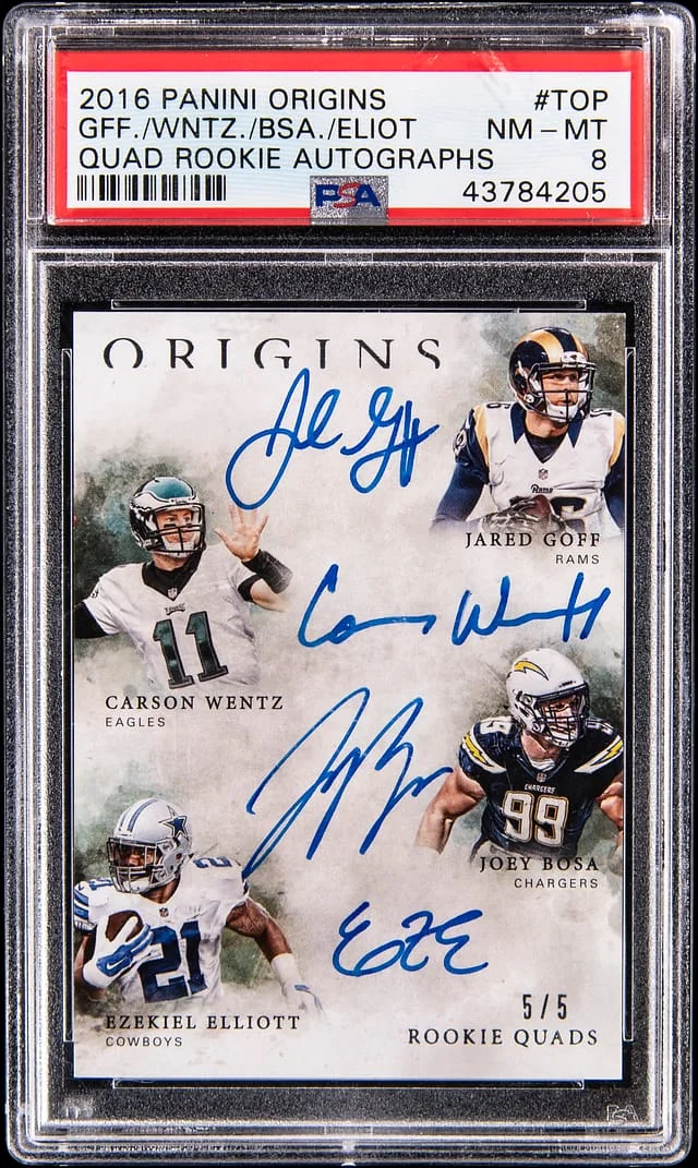 2016 Panini Origins Jared Goff/Carson Wentz/Joey Bosa/Ezekiel Elliott Multi-Signed Quad Autographs #QRA-TOP card image