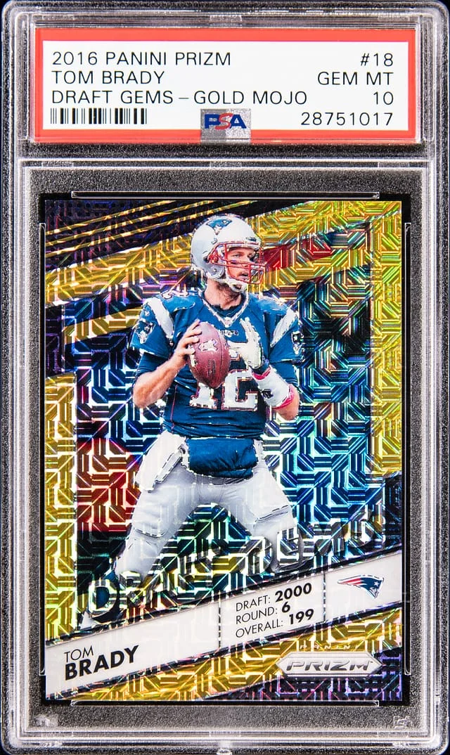 2016 Panini Prizm Tom Brady Draft Gems Gold Mojo Prizm #18 card image