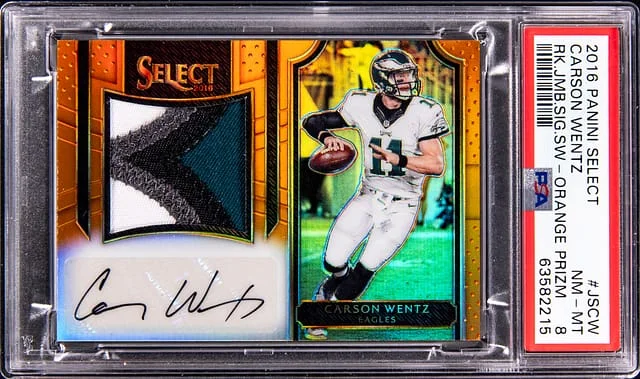 2016 Panini Select Carson Wentz Jumbo Signature Swatch Orange Prizm #JSCW card image
