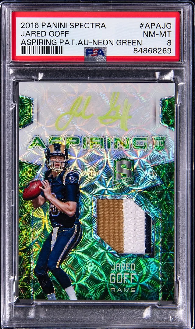 2016 Panini Spectra Jared Goff Aspiring Patch Autograph Neon Green #APAJG card image