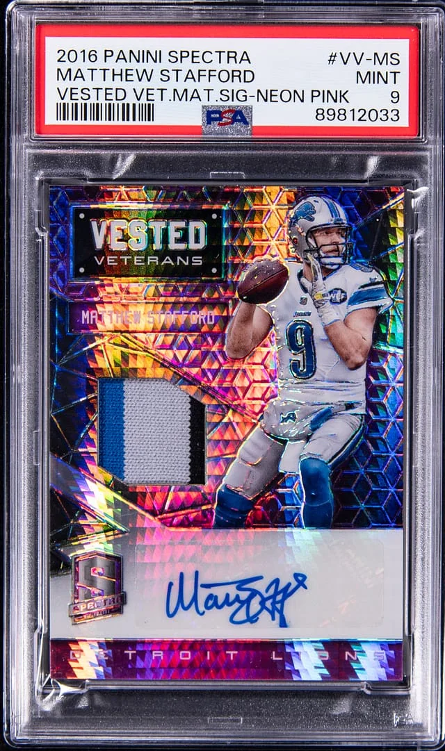 2016 Panini Spectra Matthew Stafford Vested Veterans Signature Neon Pink #VV-MS card image