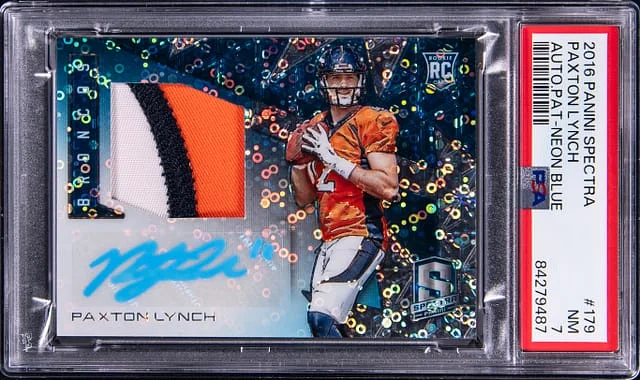 2016 Panini Spectra Paxton Lynch Autograph Patch Neon Blue #179 card image