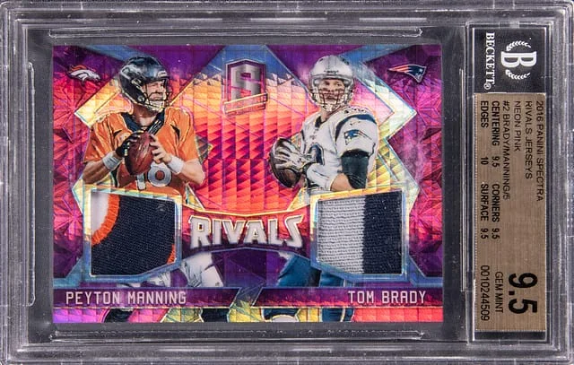 2016 Panini Spectra Tom Brady and Peyton Manning Dual-Patch Card - True Gem+ Rivals Neon Pink #2 card image