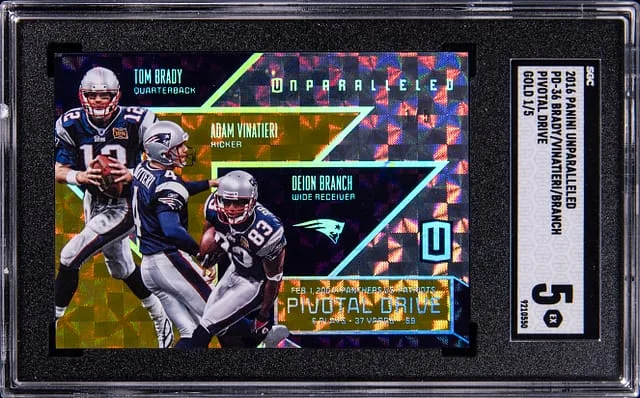 2016 Panini Tom Brady/Adam Vinatieri/Deion Branch Unparalleled Pivotal Drive Gold #PD-36 card image