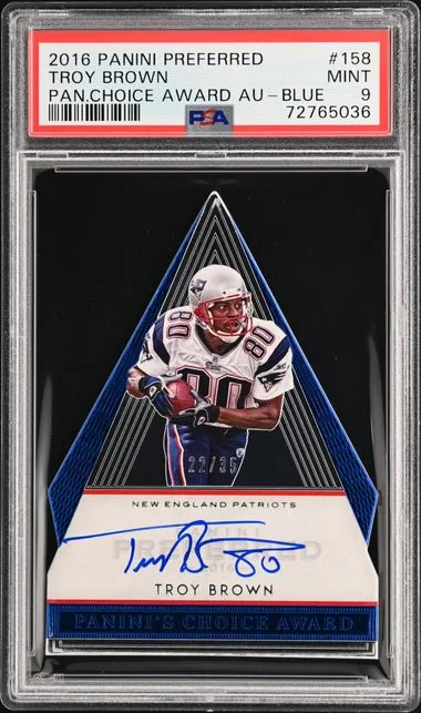 2016 Panini Troy Brown Preferred Panini's Choice Award Autographs Blue #158 card image