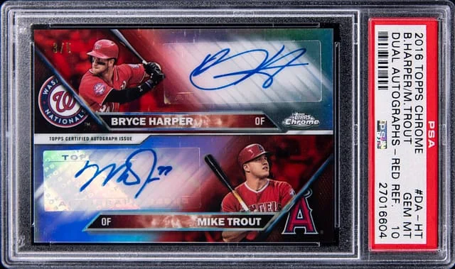 2016 Topps Chrome Bryce Harper/Mike Trout Dual Autographs Red Refractor #DA-TH card image