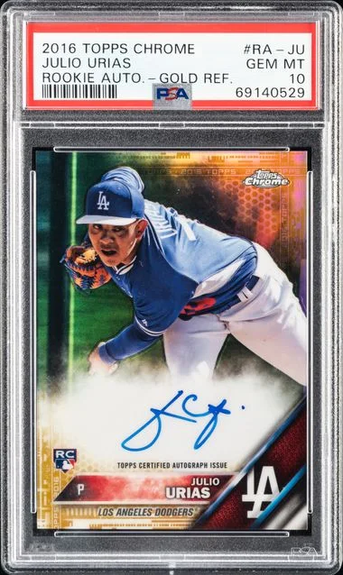 2016 Topps Chrome Julio Urias Autographs Gold Refractor #RA-JU card image