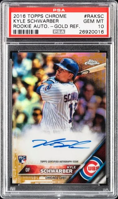 2016 Topps Chrome Kyle Schwarber Autographs Gold Refractor #RAKSC card image
