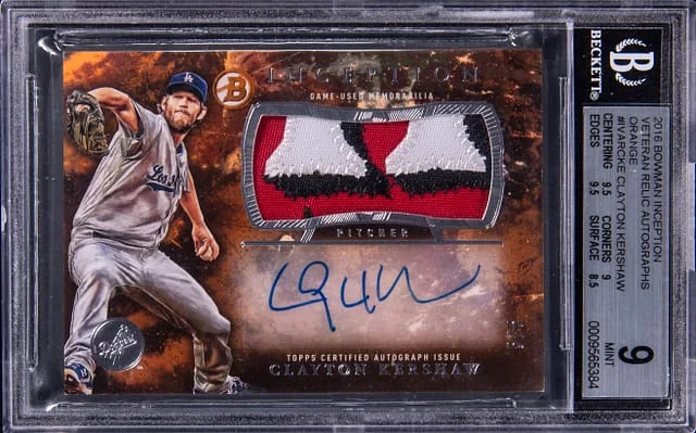 2016 Topps Clayton Kershaw Bowman Inception Veteran Relic Autograph #IVAR-CKE card image