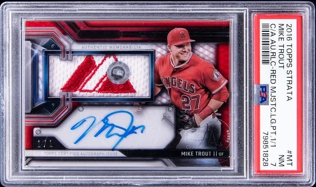 2016 Topps Mike Trout Strata Clearly Authentic Autograph Relic Red Majestic Logo Patch #CAAR-MT card image