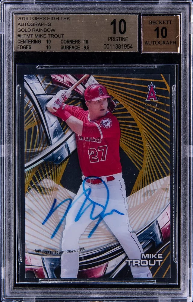 2016 Topps Mike Trout High Tek Autographs Gold Rainbow #HT-MT card image