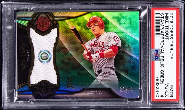 2016 Topps Tribute Mike Trout Stamp Of Approval Relics Green #SOA-MTR card image