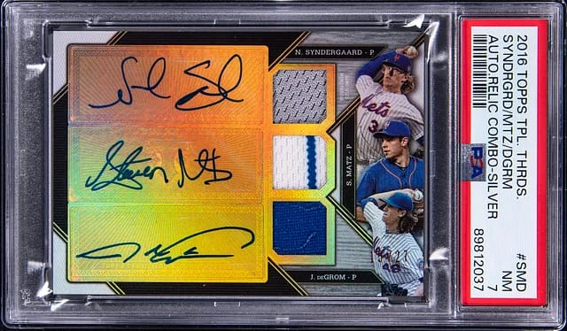 2016 Topps Triple Threads Syndergaard/Matz/deGrom Multi-Signed Autograph Relic Combo Silver #TTARC-SMD card image