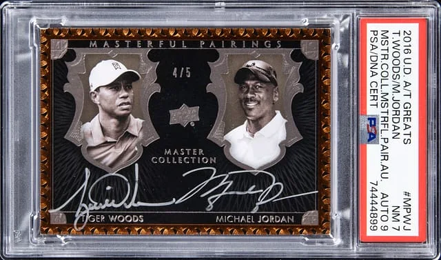 2016 UD All-Time Greats Master Collection Masterful Pairings Dual Autograph Tiger Woods/Michael Jordan #MPJW card image