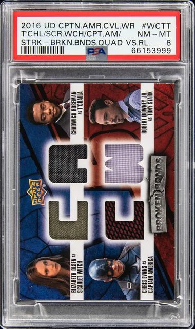 2016 Upper Deck Captain America Civil War Broken Bonds Quad vs. Relic WCTT Captain America/Scarlet Witch/T'Challa/Tony Stark Multi-Relic #no-number card image