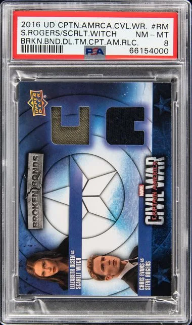2016 Upper Deck Scarlet Witch/Steve Rogers Dual Captain America Civil War Broken Bonds Dual Team Captain America Relic #RM card image