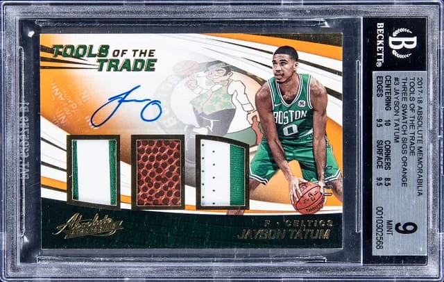 2017-18 Panini Absolute Jayson Tatum Memorabilia Tools Of The Trade Three Swatch Signatures Orange #TT3-JT card image
