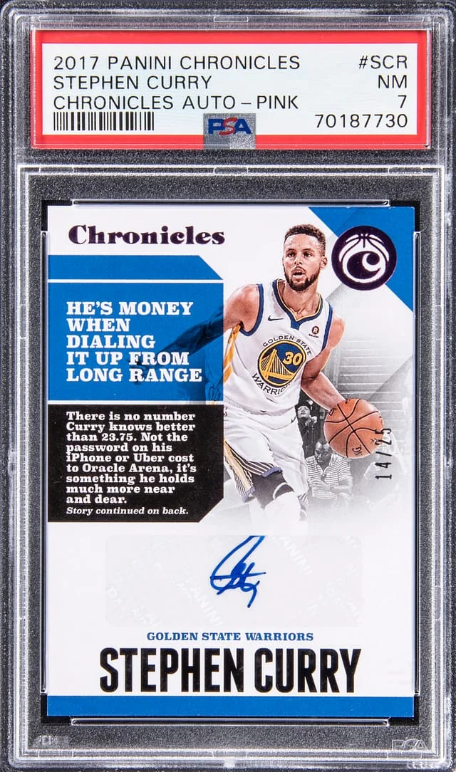 2017-18 Panini Chronicles Stephen Curry Autograph Pink #CA-SCR card image