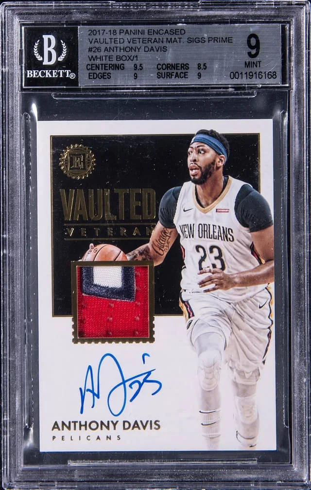 2017-18 Panini Encased Anthony Davis Vaulted Veteran Materials Signature Prime White Box #VV-ADV card image