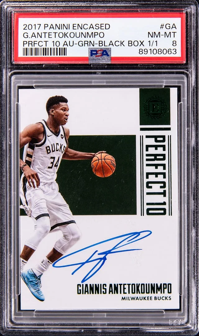 2017-18 Panini Encased Giannis Antetokounmpo Perfect 10 Autographs Green '22 Black Box #P10-GA card image