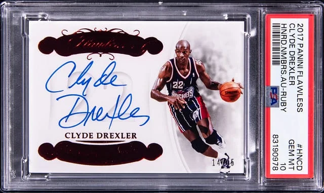2017-18 Panini Flawless Clyde Drexler Honored Numbers Autograph Ruby #HN-CD card image