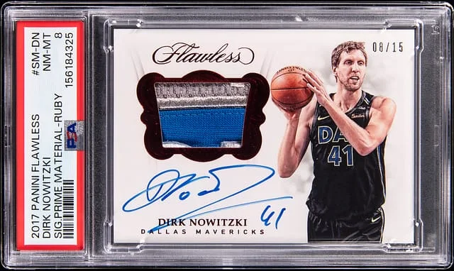 2017-18 Panini Flawless Dirk Nowitzki Signatures Prime Material Ruby #SM-DN card image
