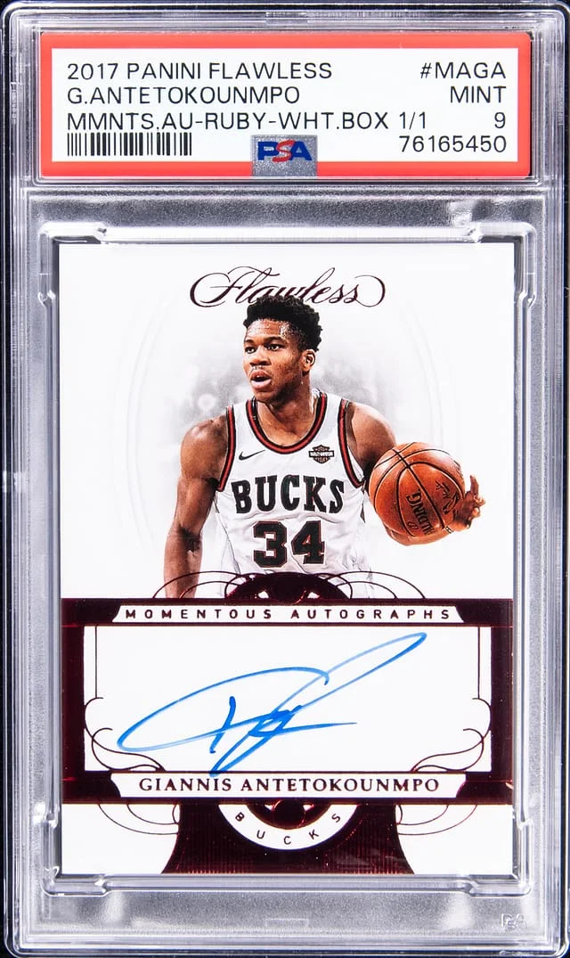2017-18 Panini Flawless Giannis Antetokounmpo Momentous Autographs Ruby White Box #MAGA card image