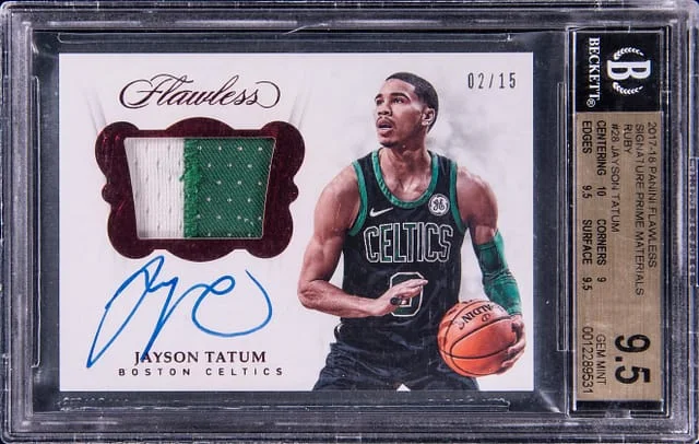 2017-18 Panini Flawless Jayson Tatum Signature Prime Materials Ruby #28 card image