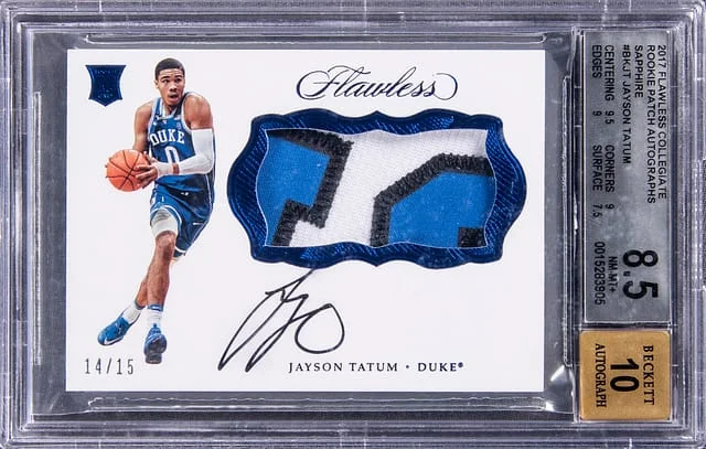 2017-18 Panini Flawless Jayson Tatum Collegiate Patch Autograph (RPA) Ruby #BK-JT card image