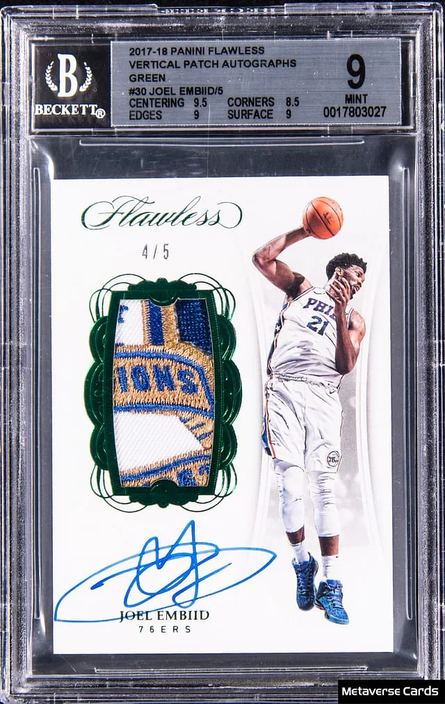 2017-18 Panini Flawless Joel Embiid Vertical Patch Autographs Green #VP-JE card image