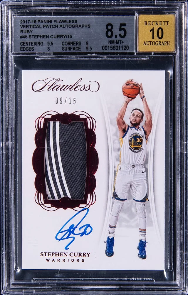 2017-18 Panini Flawless Stephen Curry Vertical Patch Autograph Ruby #45 card image